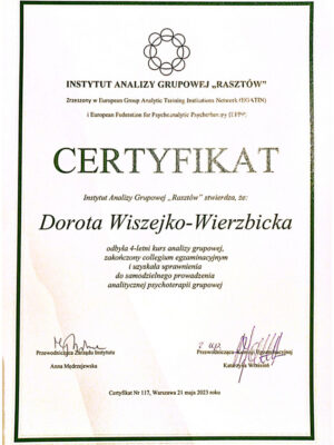 certyfikat Dorota Wiszejko - Instytut Analizy Grupowej Rasztów certyfikat Dorota Wiszejko - Instytut Analizy Grupowej Rasztów